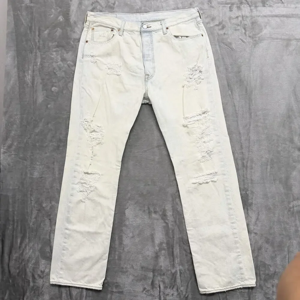 Levis 501 Jeans Mens 36X32* Fits 36X30 Distressed White Button Fly Bleached Wash